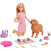 Barbie Doll Newborn Pups Playset With Blonde Doll, Mommy Dog And 3 Puppies, Kids Toys