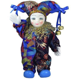 Smiling Porcelain Face Clown With Multi Color Costume & Blue Shoes 8"