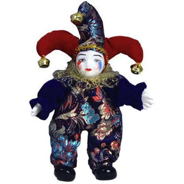 Smiling Porcelain Face Clown with Black & Muticolor Costume 8"